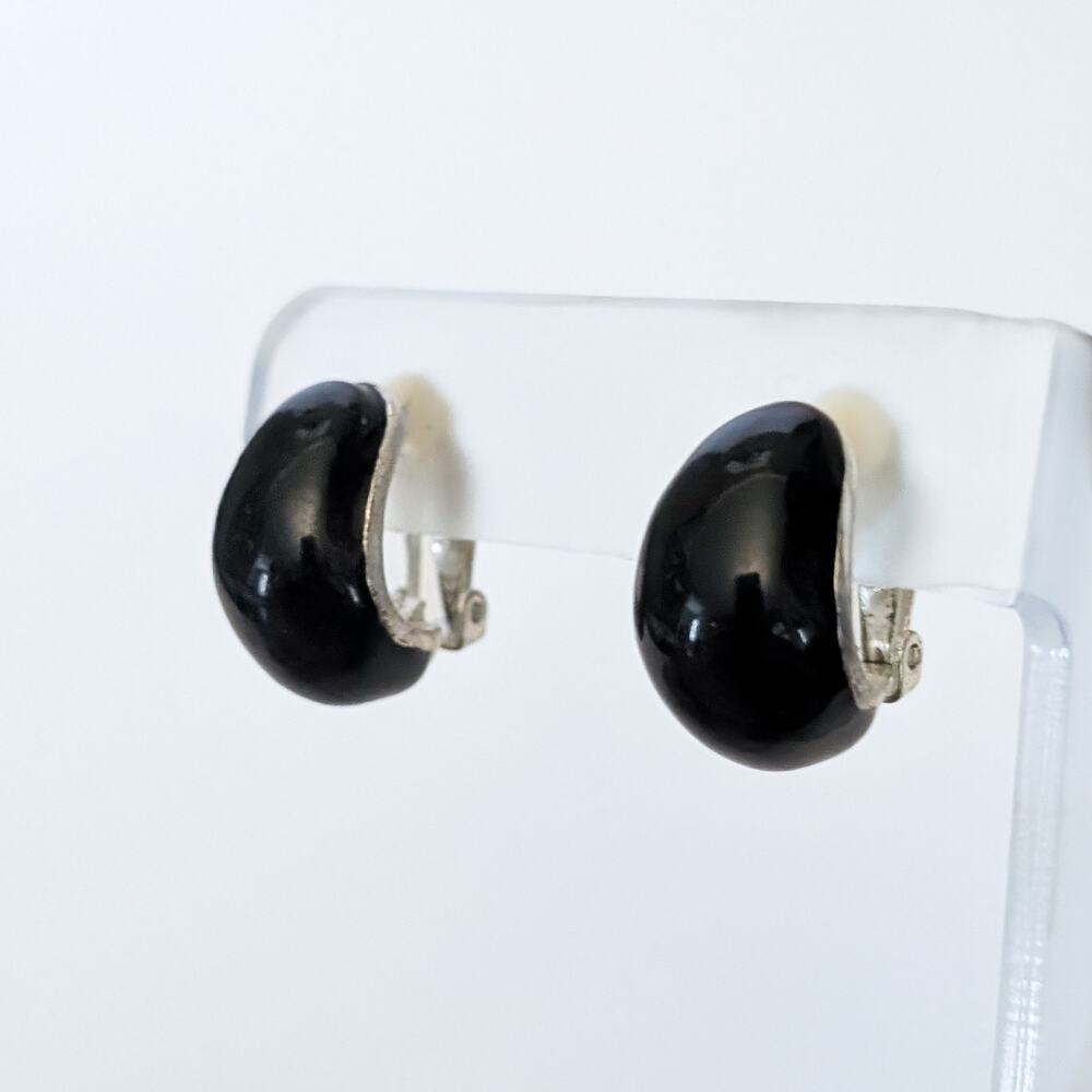 Vintage Clip On Earrings Chunky Black Enamel & Silver Tone Statement